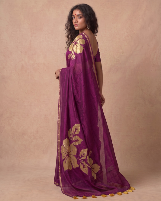 Golden flower rani pink mulmul cotton saree