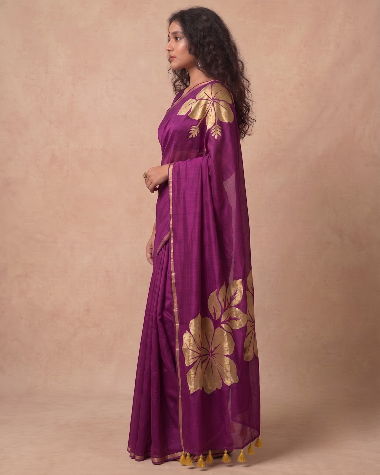 Golden flower rani pink mulmul cotton saree