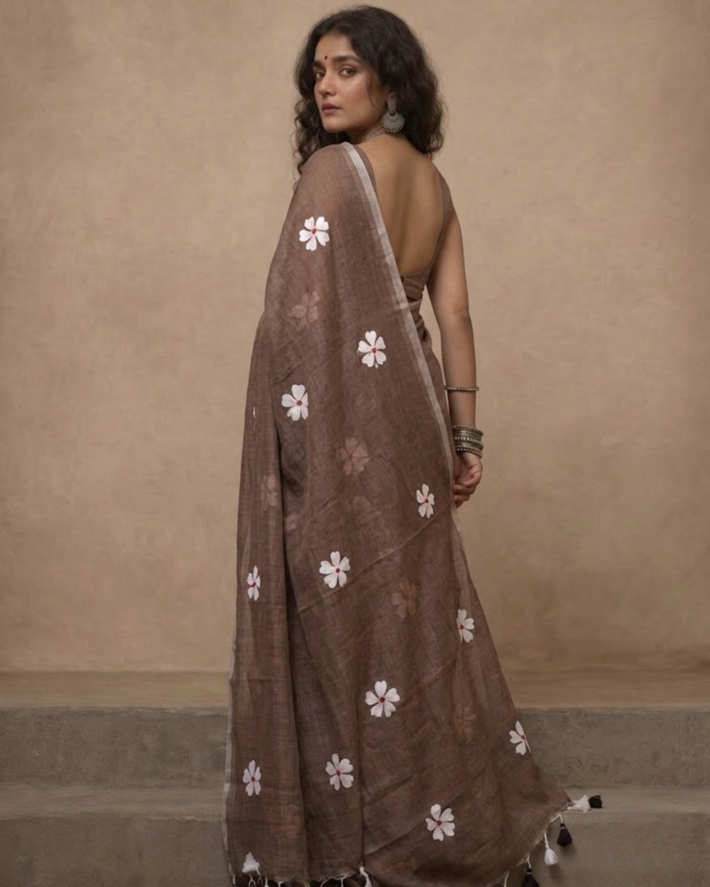 Brown Shiuli Mul Cotton Saree