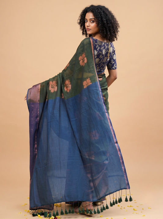 Dark Green Mulmul Cotton Flower Motif Saree