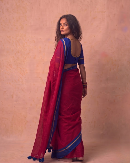 Reddish maroon Super Fine Mul Cotton Saree blue border