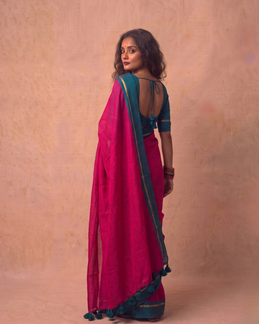 Rani pink super fine Mul Cotton Saree Rama green border