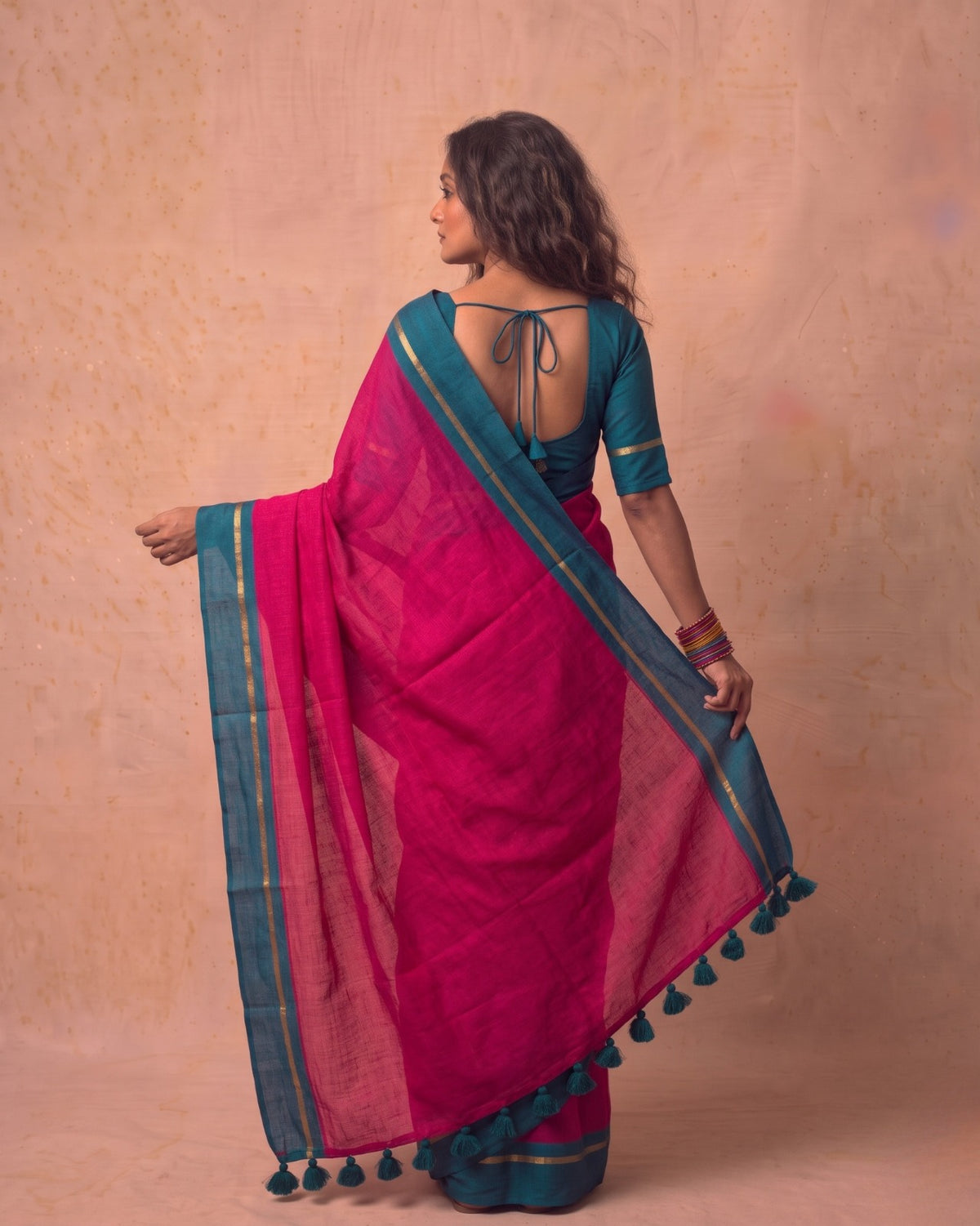 Rani pink super fine Mul Cotton Saree Rama green border