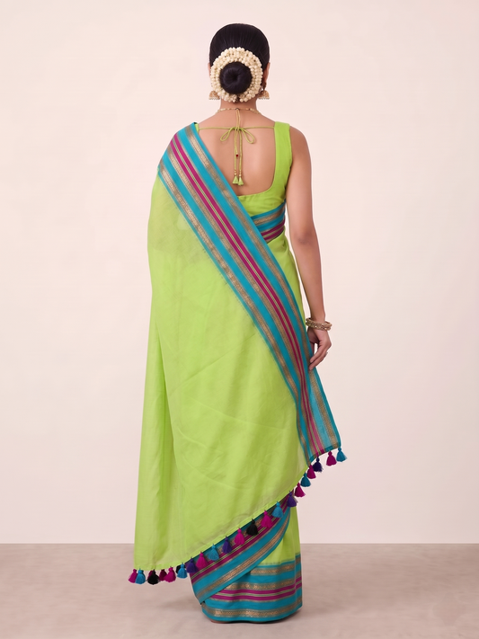 Soft Green Mulmul Cotton Saree featuring Contrast Kanchi Border