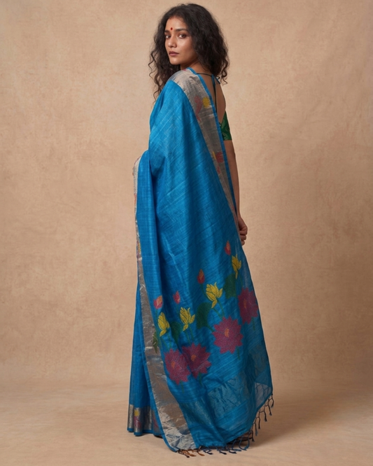 Turqoise Blue Tussar Jamdani Saree