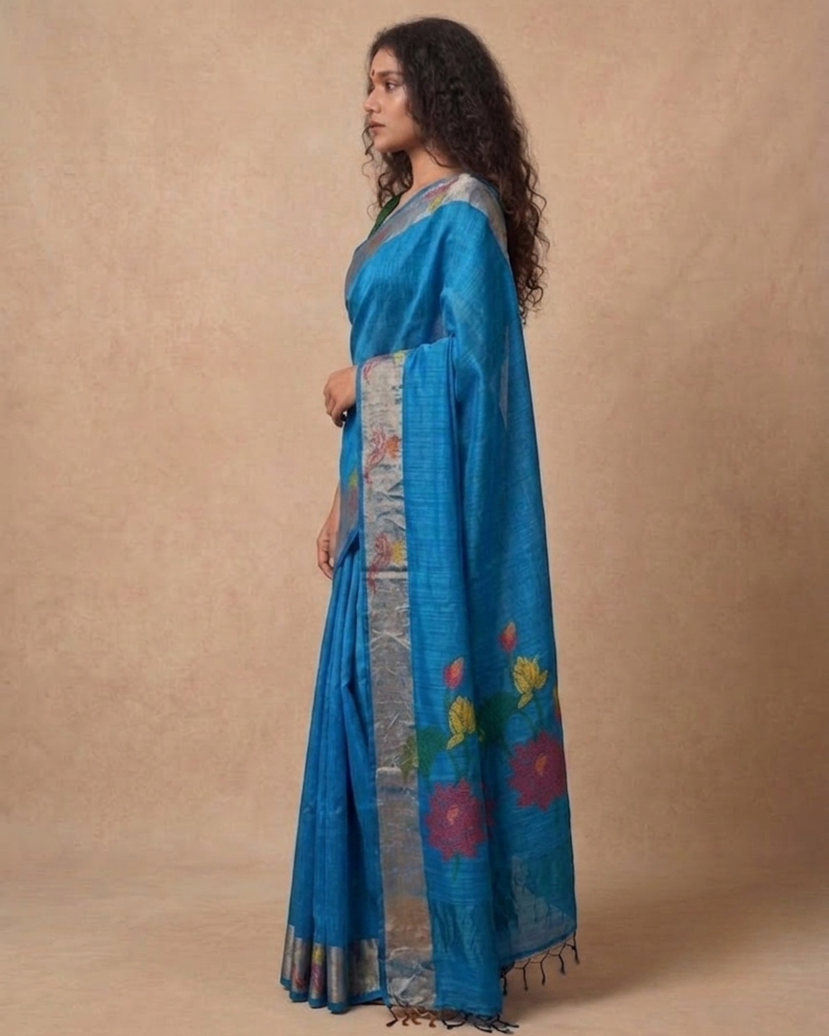 Turqoise Blue Tussar Jamdani Saree
