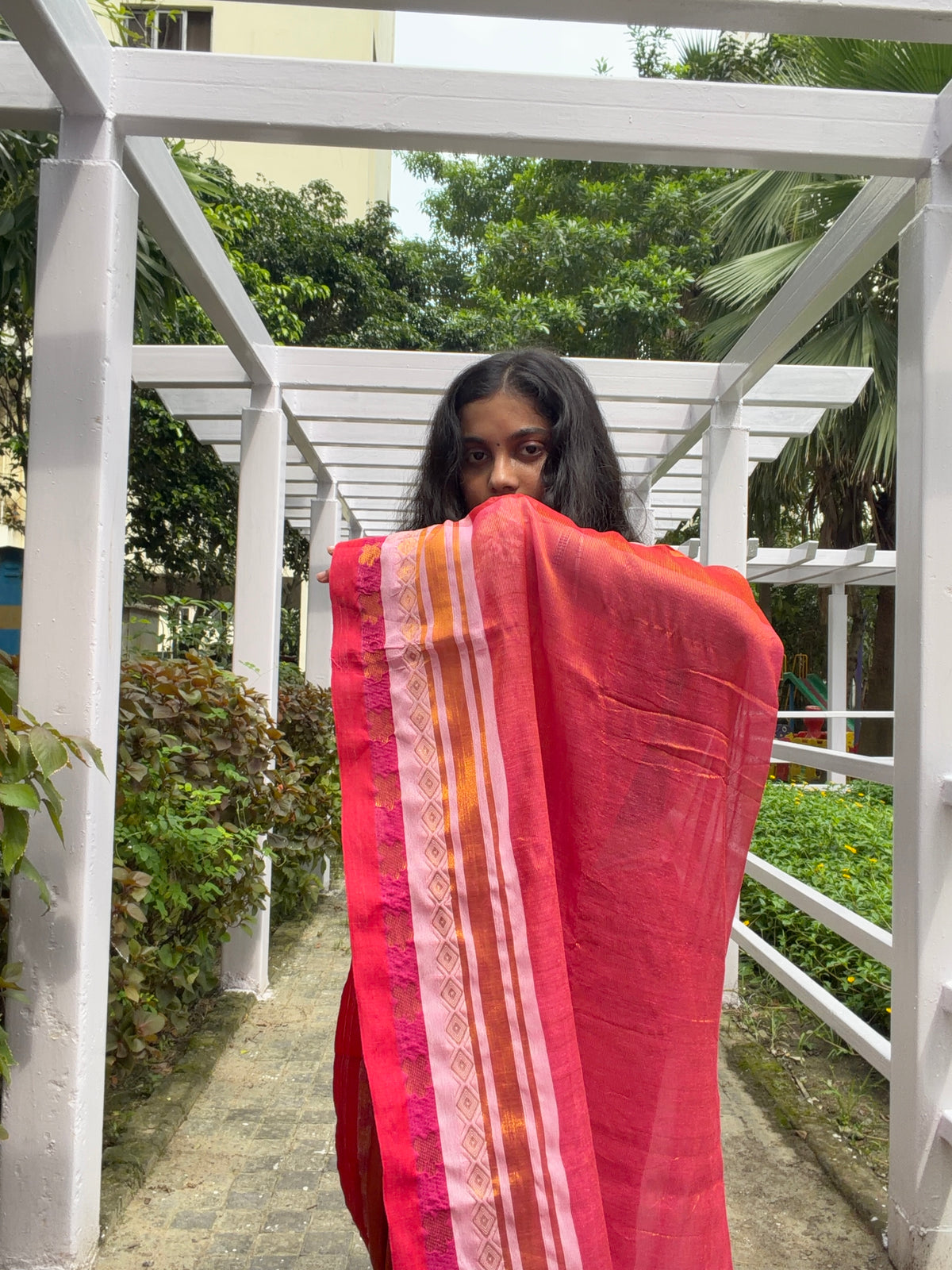 Red tissue mul cotton saree with woven borders