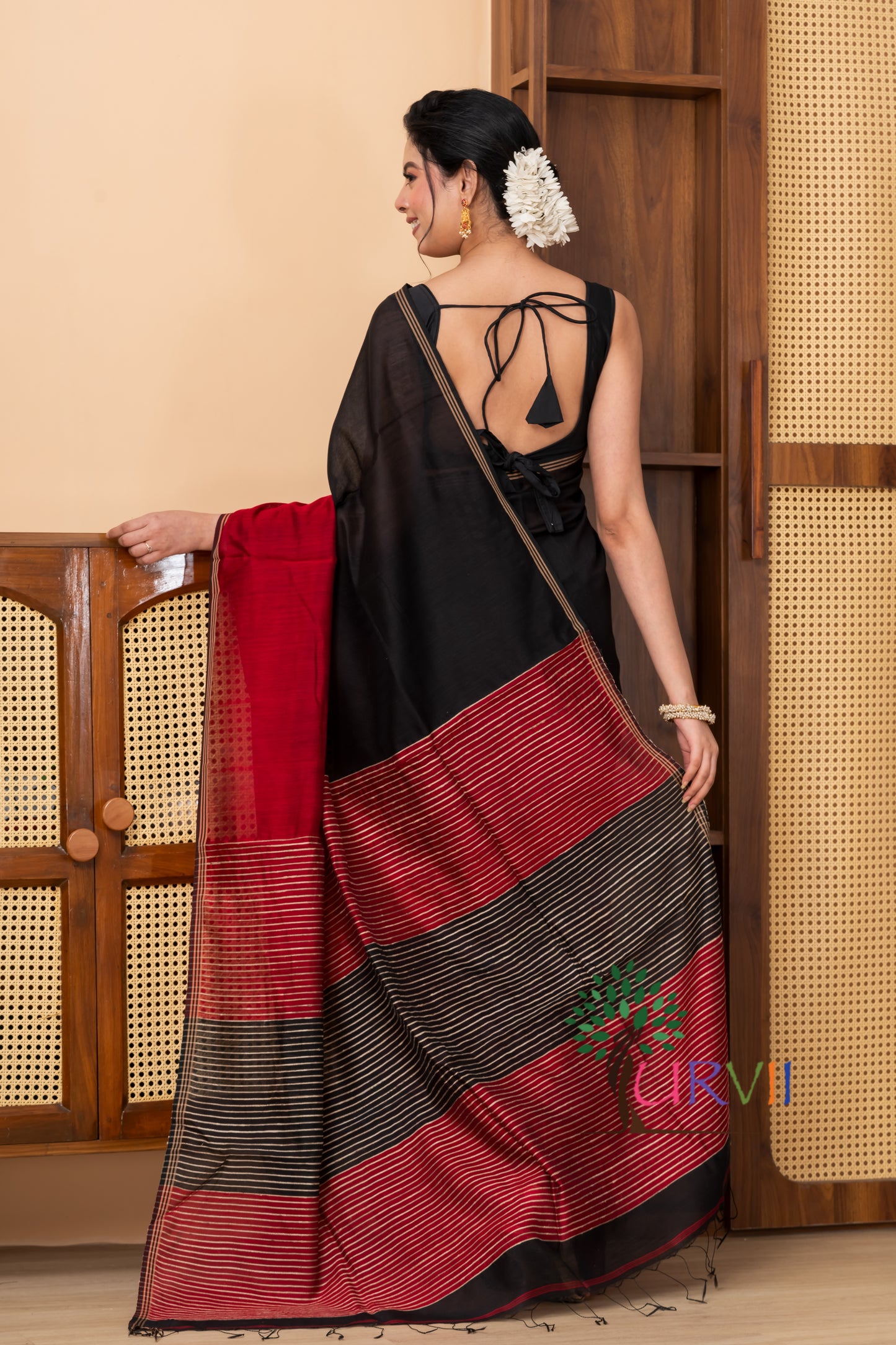 Half n half cotton silk black red saree