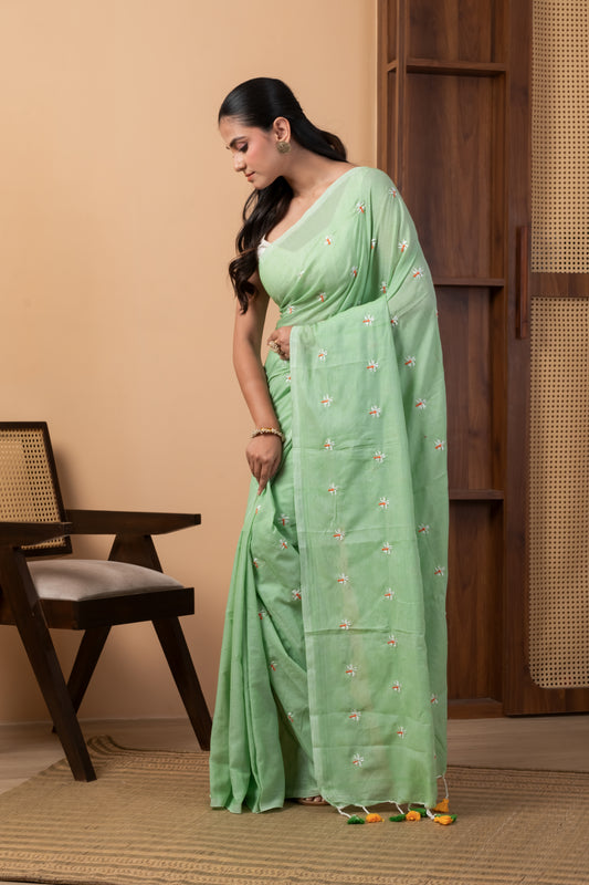 Mint Green Handloom Saree with Delicate Floral Embroidery