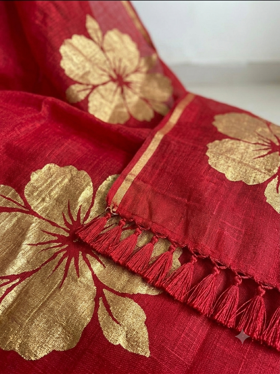 Golden flower tomato red mulmul cotton saree