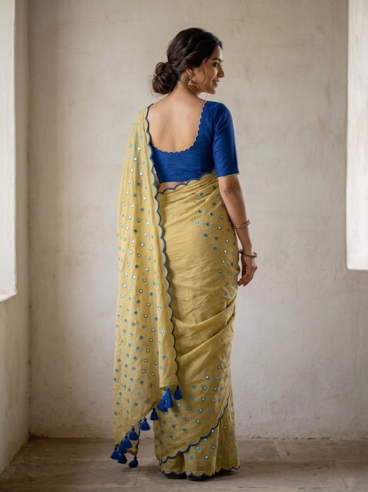 Mehendi green scallop Border Mirror Work Saree