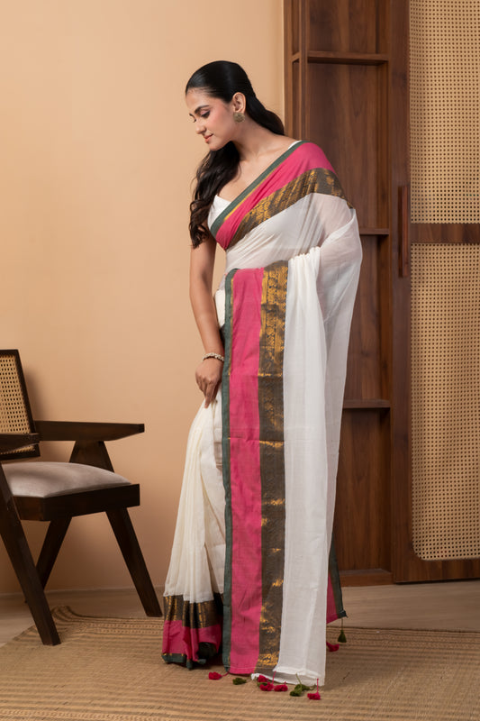Classic White Mul Cotton Saree with Vibrant Kanchi Border