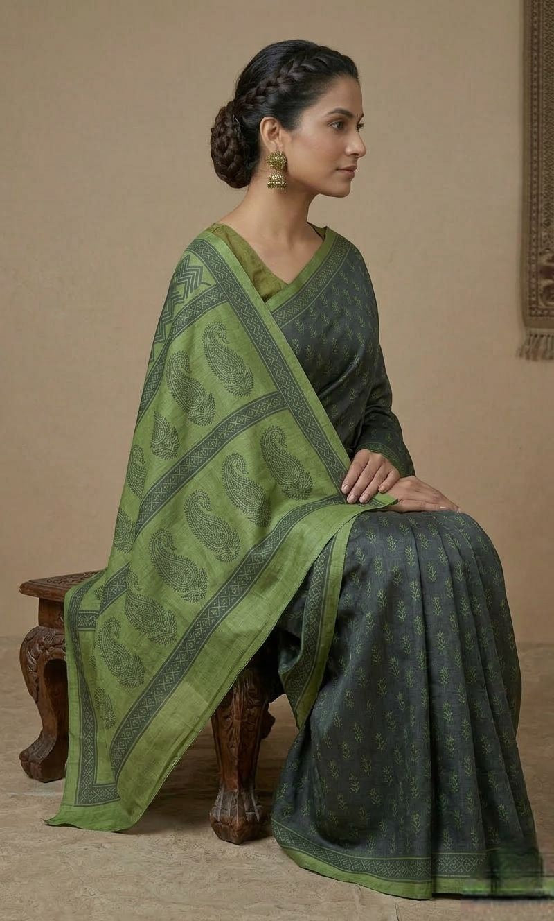Sage Green Printed Tussar Saree