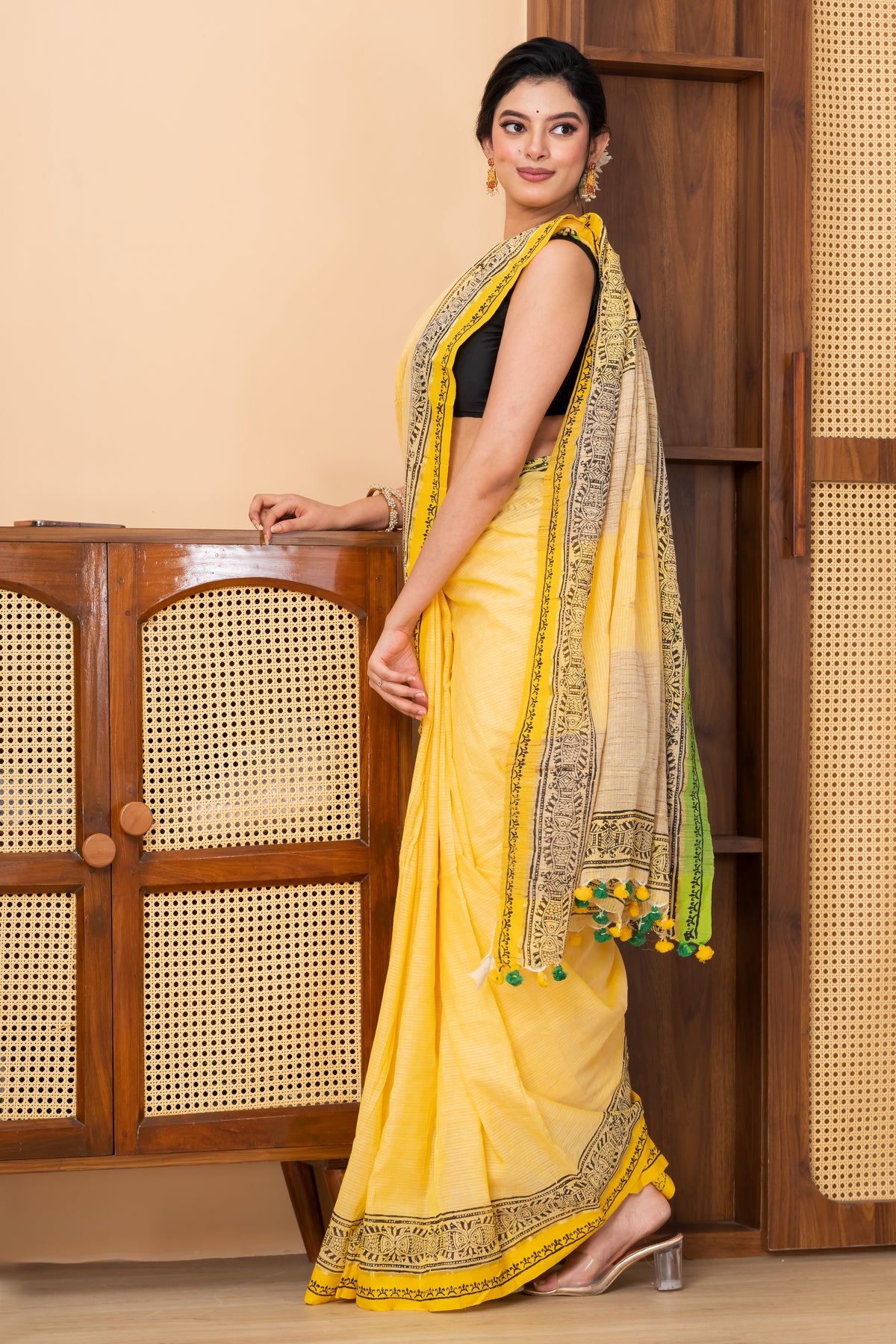 Printed handspun cotton saree with ghicha pallu