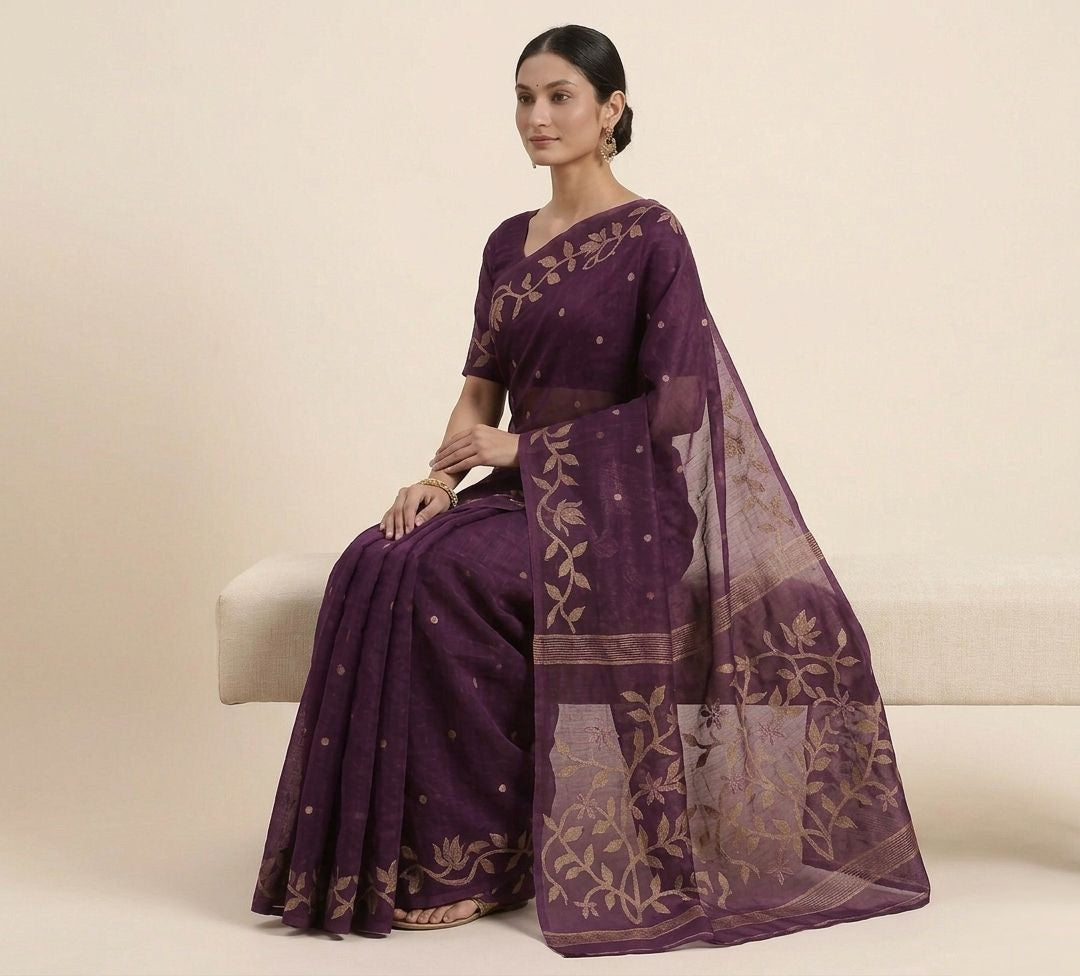 Deep purple handmade jamdani pure Resham Silk