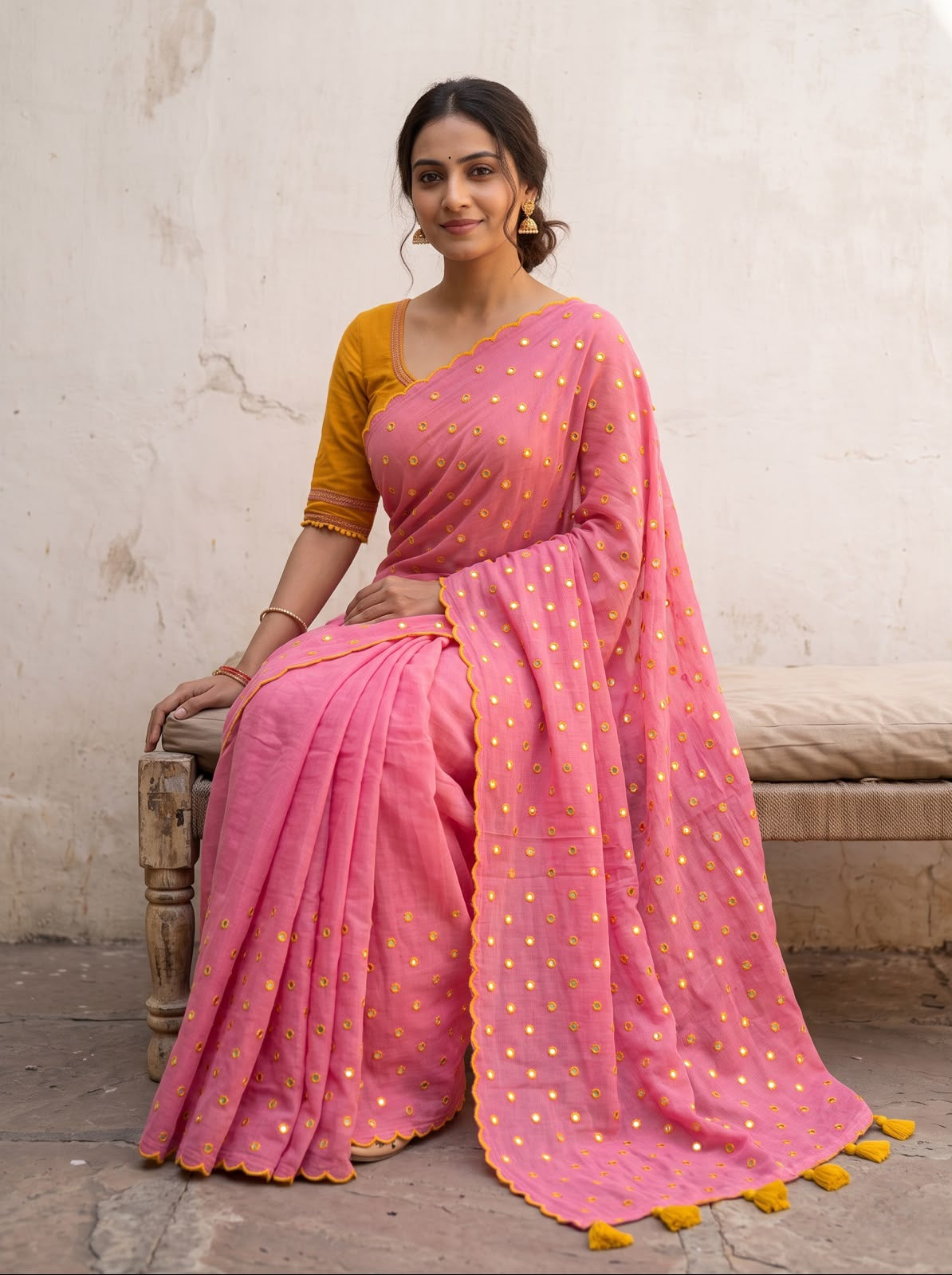 Pink Scallop Border Mirror Work Saree