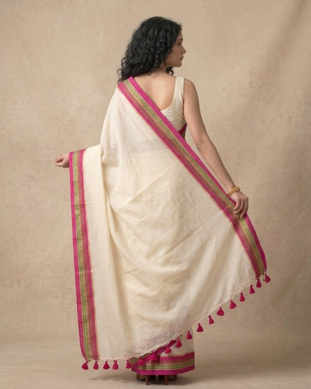 Cream Saree with Vibrant Dual-Tone Pink and Green Edging