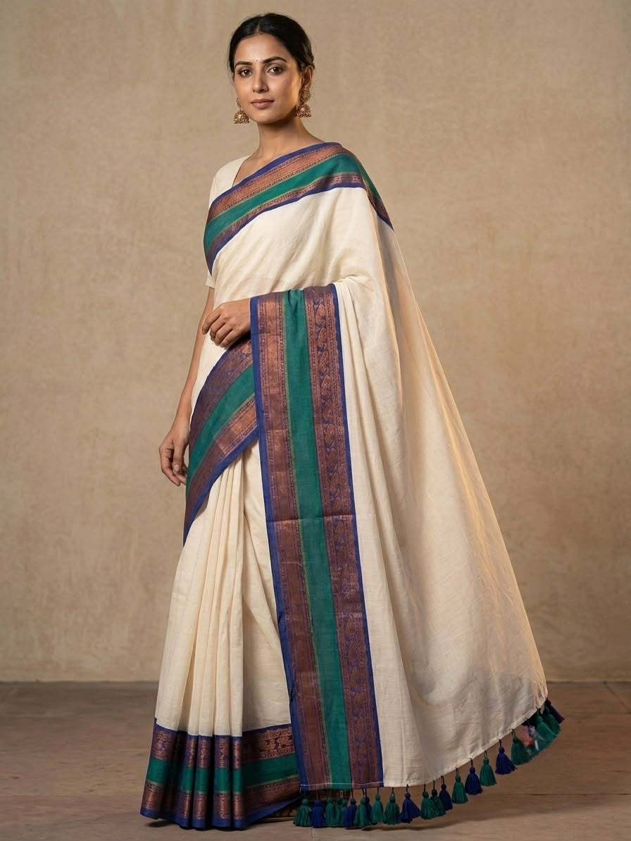 Offwhite mulmul cotton saree with green gold kanchi border