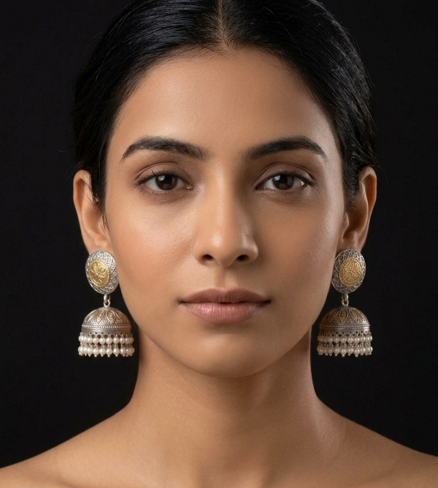 Dual tone big jhumka with pearl droplets