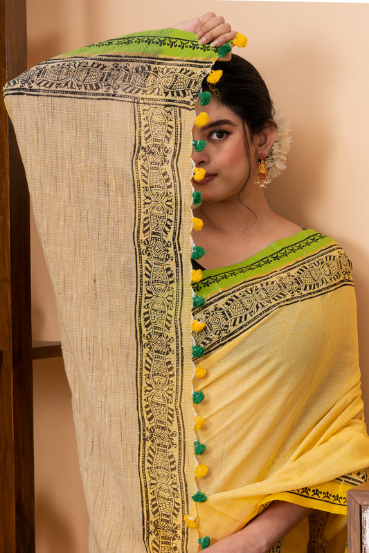 Printed handspun cotton saree with ghicha pallu