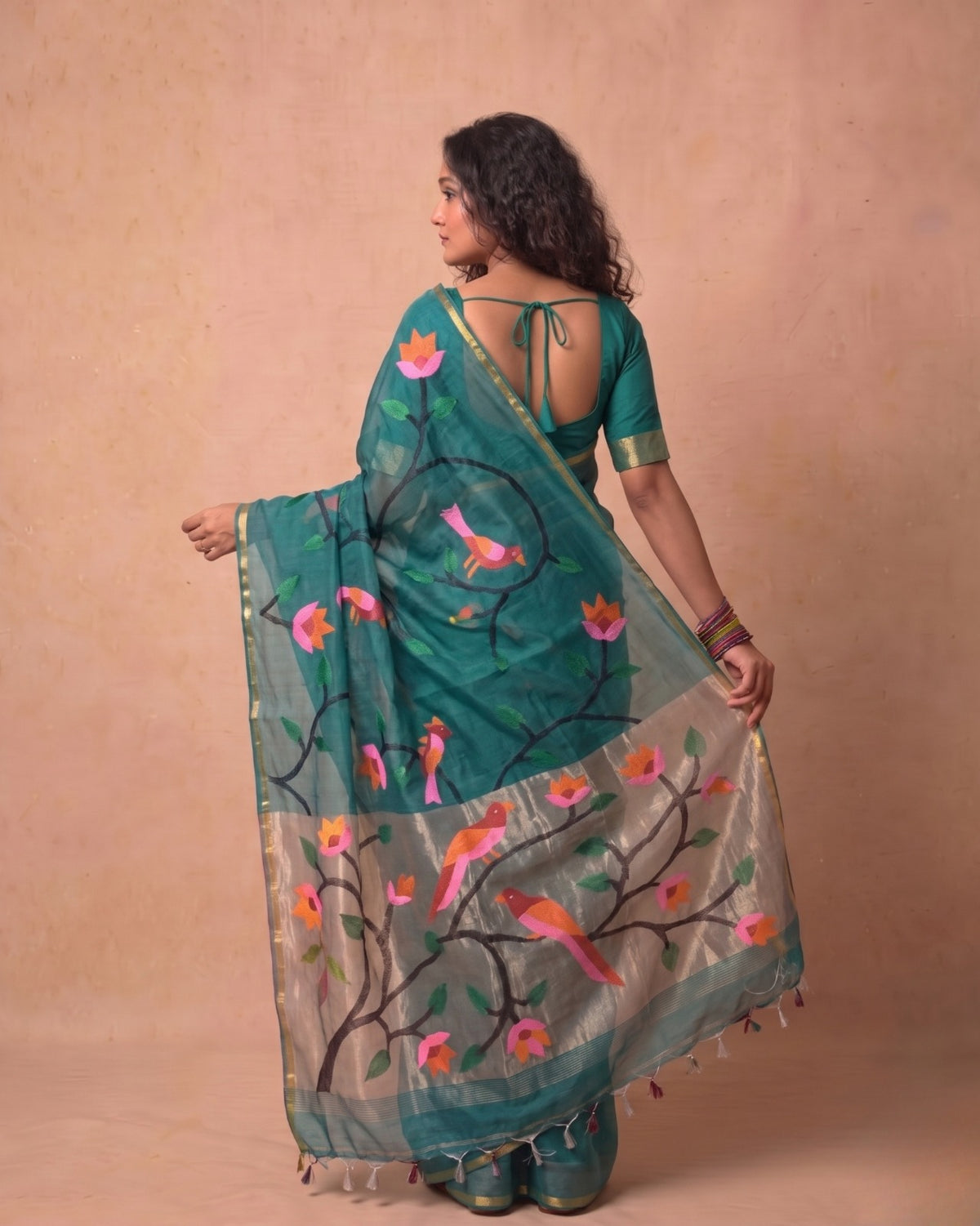 Pure Resham Handwoven needle jamdani Saree in rama green