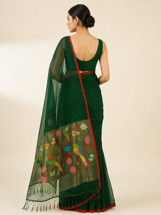 Handspun dark green resham mulberry silk saree
