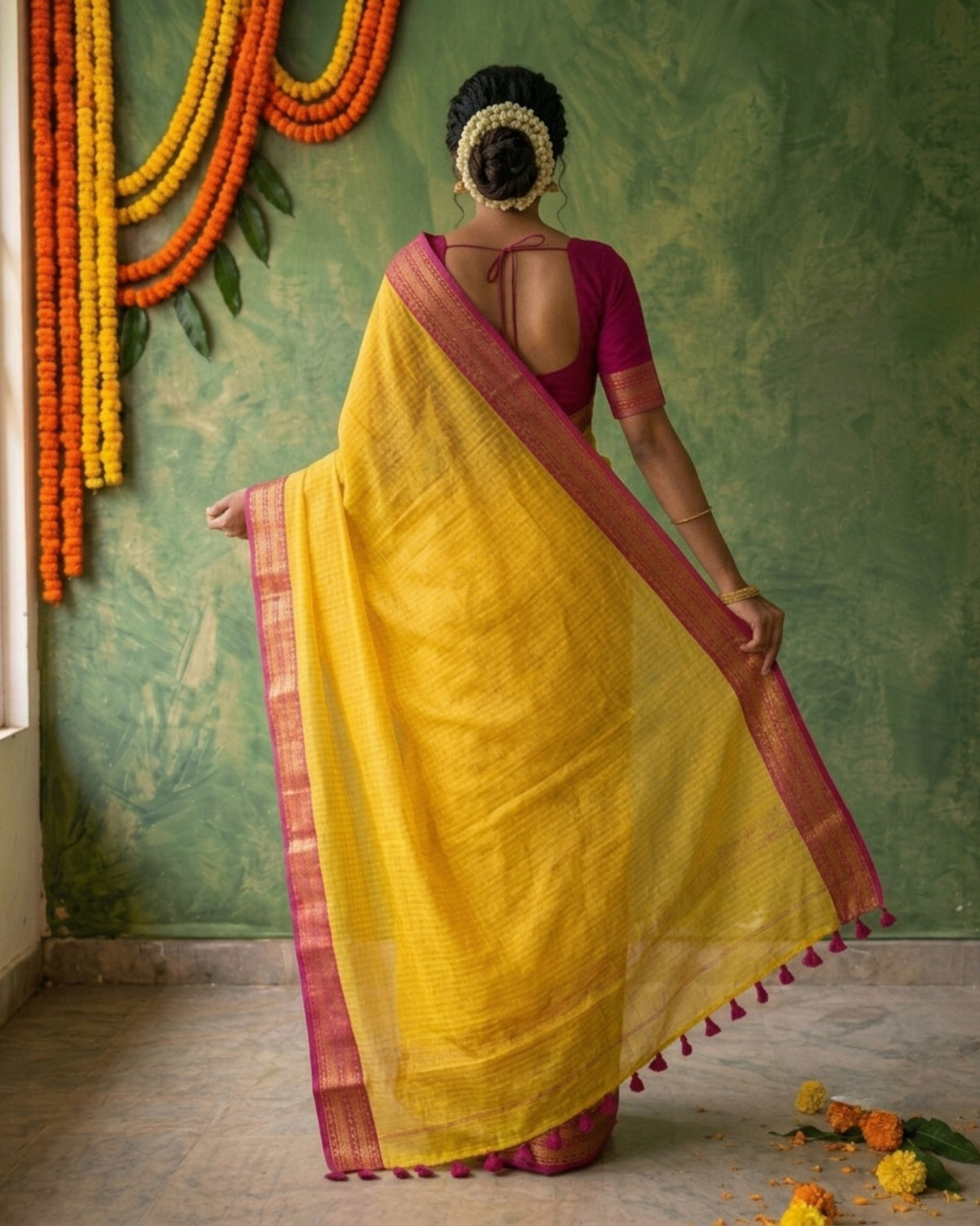 Yellow striped pink kanchi border mulmul saree