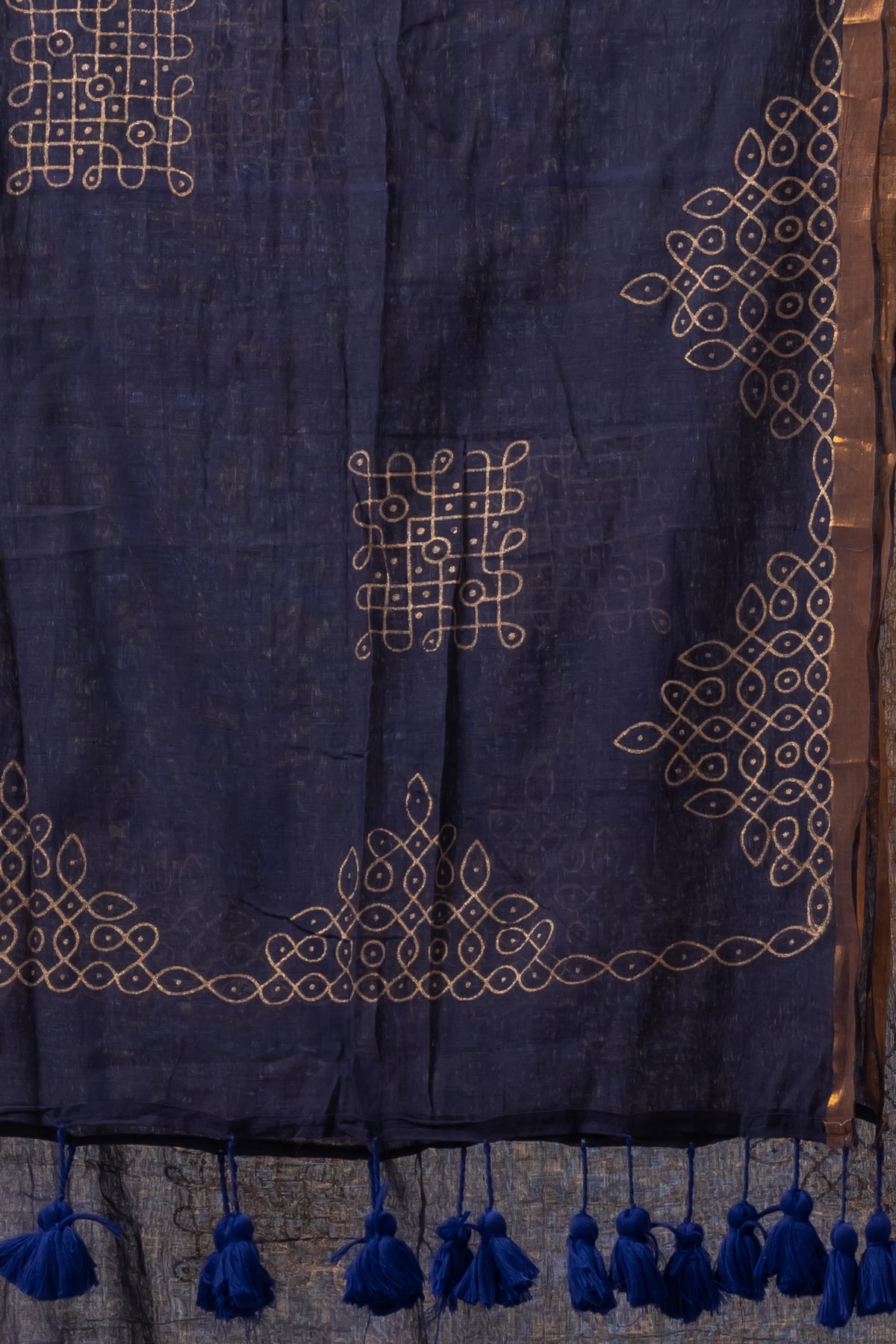 Deep Navy Blue Mul Cotton Saree with Gold Geometric Motifs