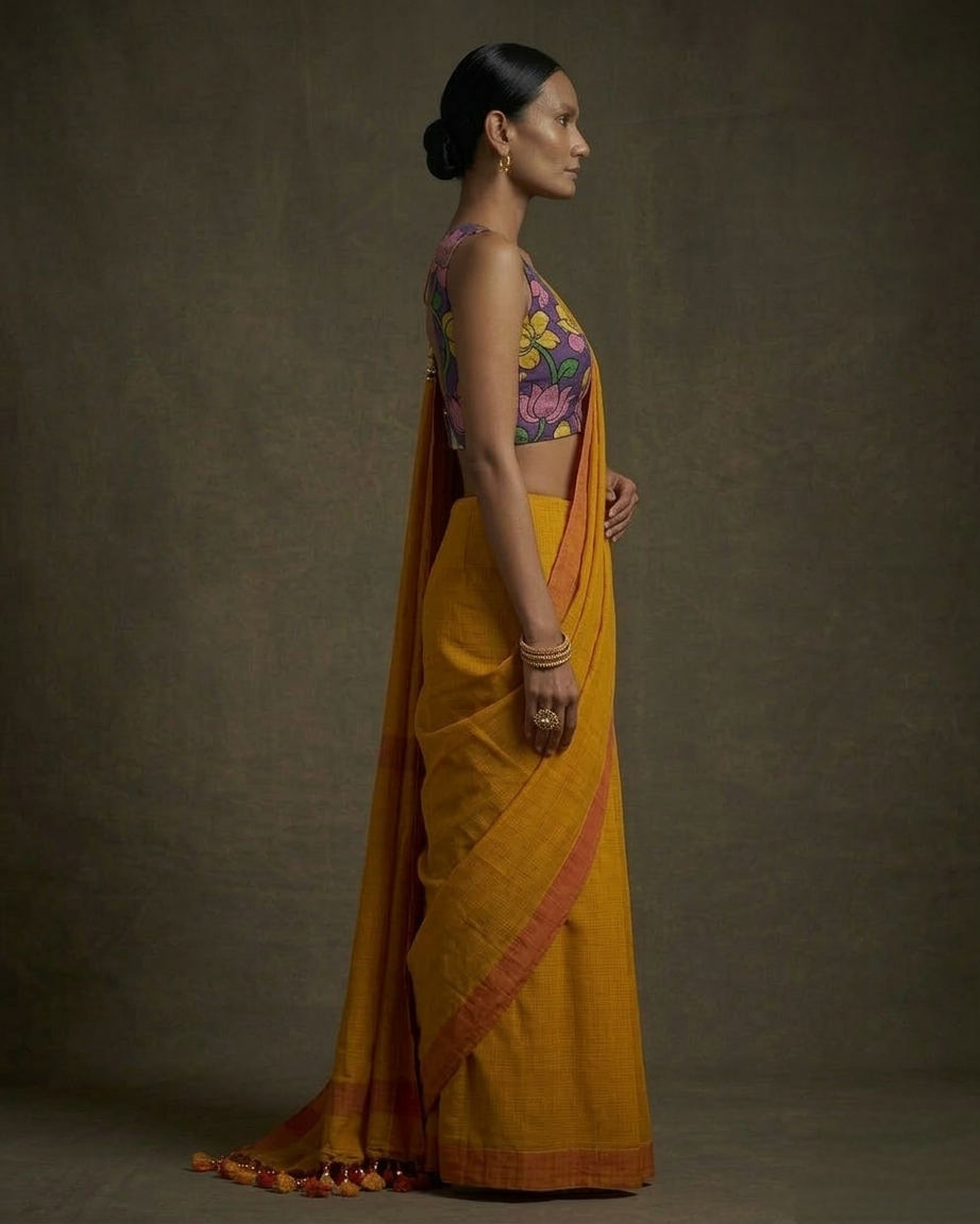 Plain mustard yellow color mangalgiri cotton sarees with hand-painted kalamkari bP .