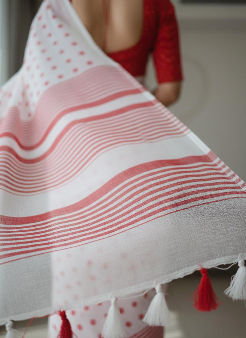 Polka printed mulmul cotton saree