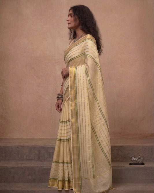 Zari striped pure tissue mul cotton saree