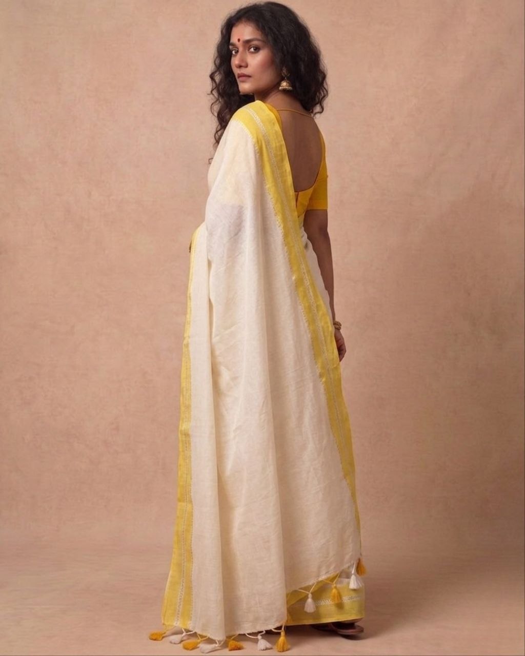 White mulmul cotton saree yellow border