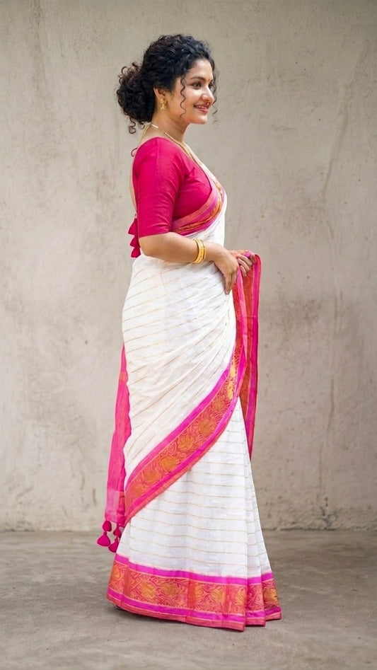 Classic White Mul Cotton Saree with Vibrant Pink Kanchi Zari Border