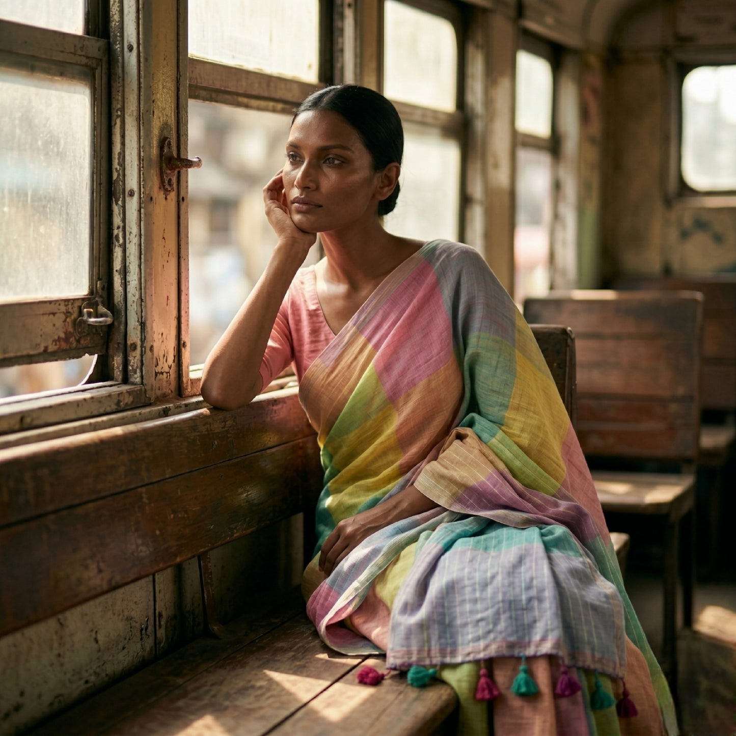 Multi colour check mulmul cotton saree