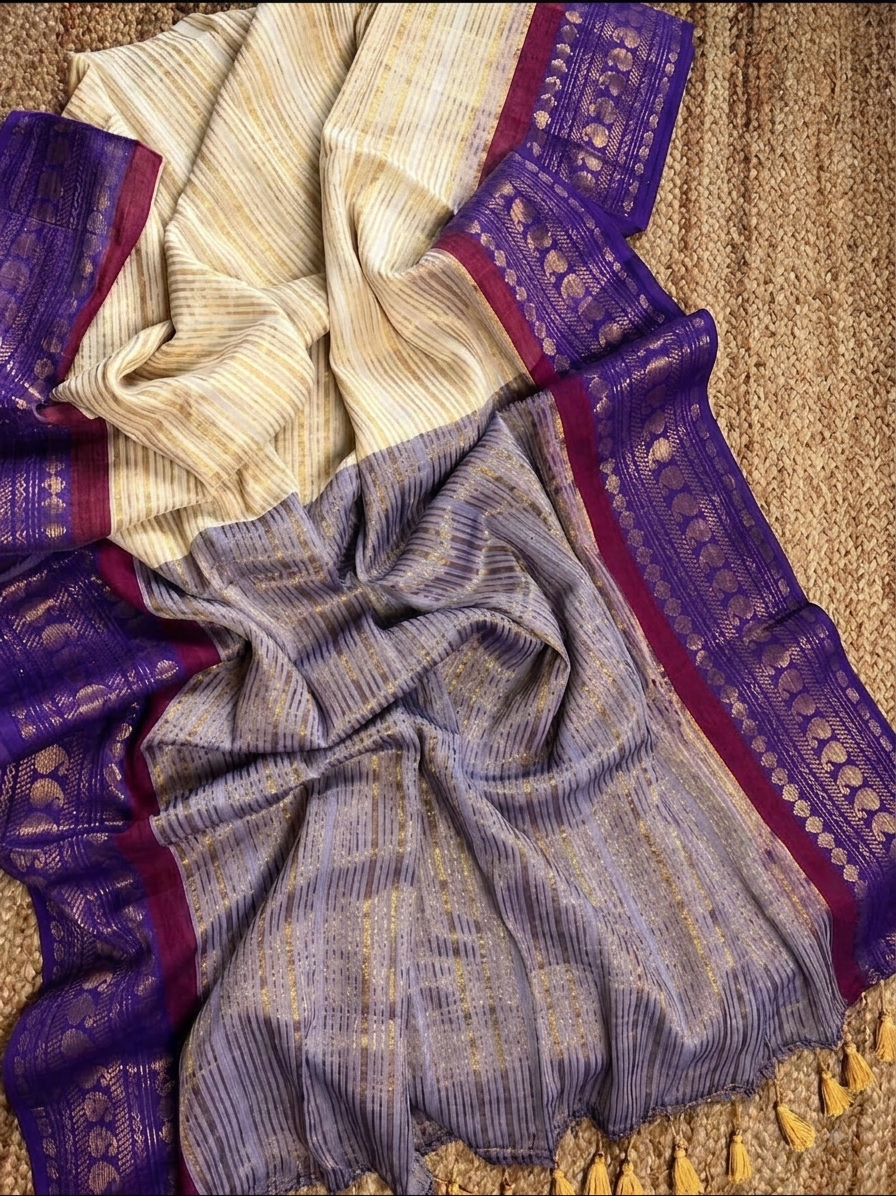 Off white purple zari border striped mulmul saree