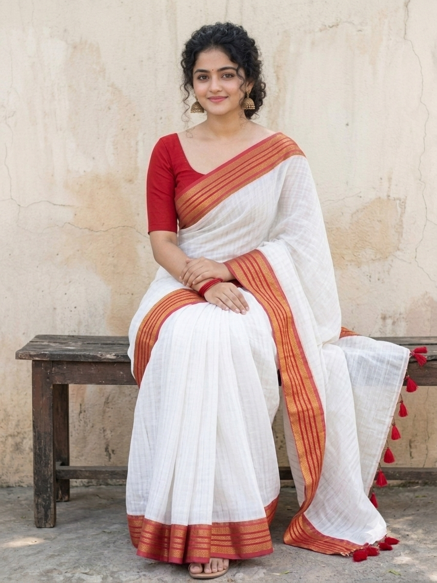 Pure Mul Cotton Saree with Traditional Kanchi Border & Self Check