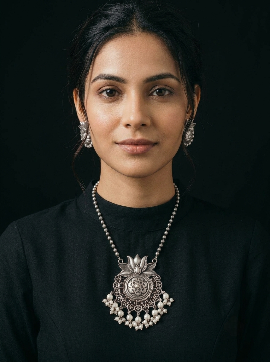 Antique Silver Lotus Pendant Set with Pearl Danglers