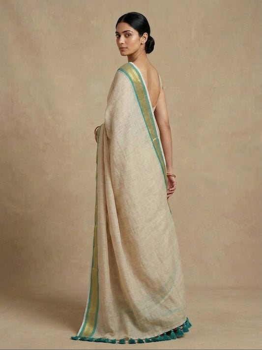 White mulmul cotton saree green zari border
