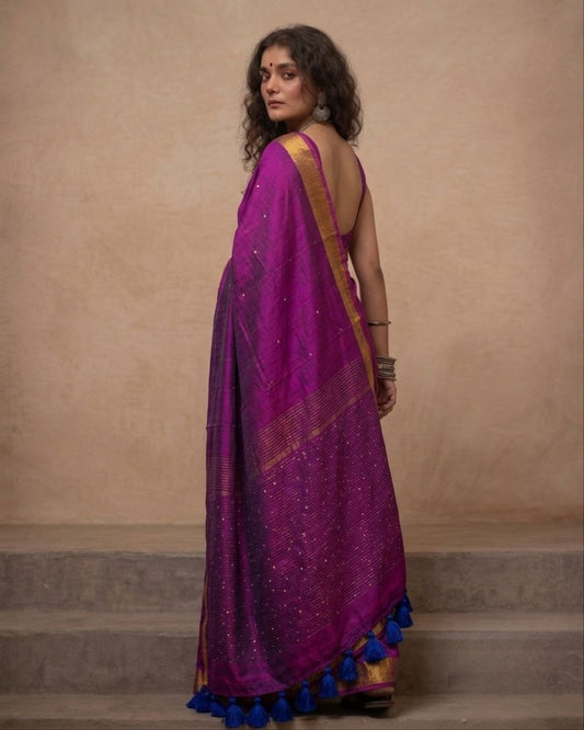 Deep purple premium handspun sequins cotton saree