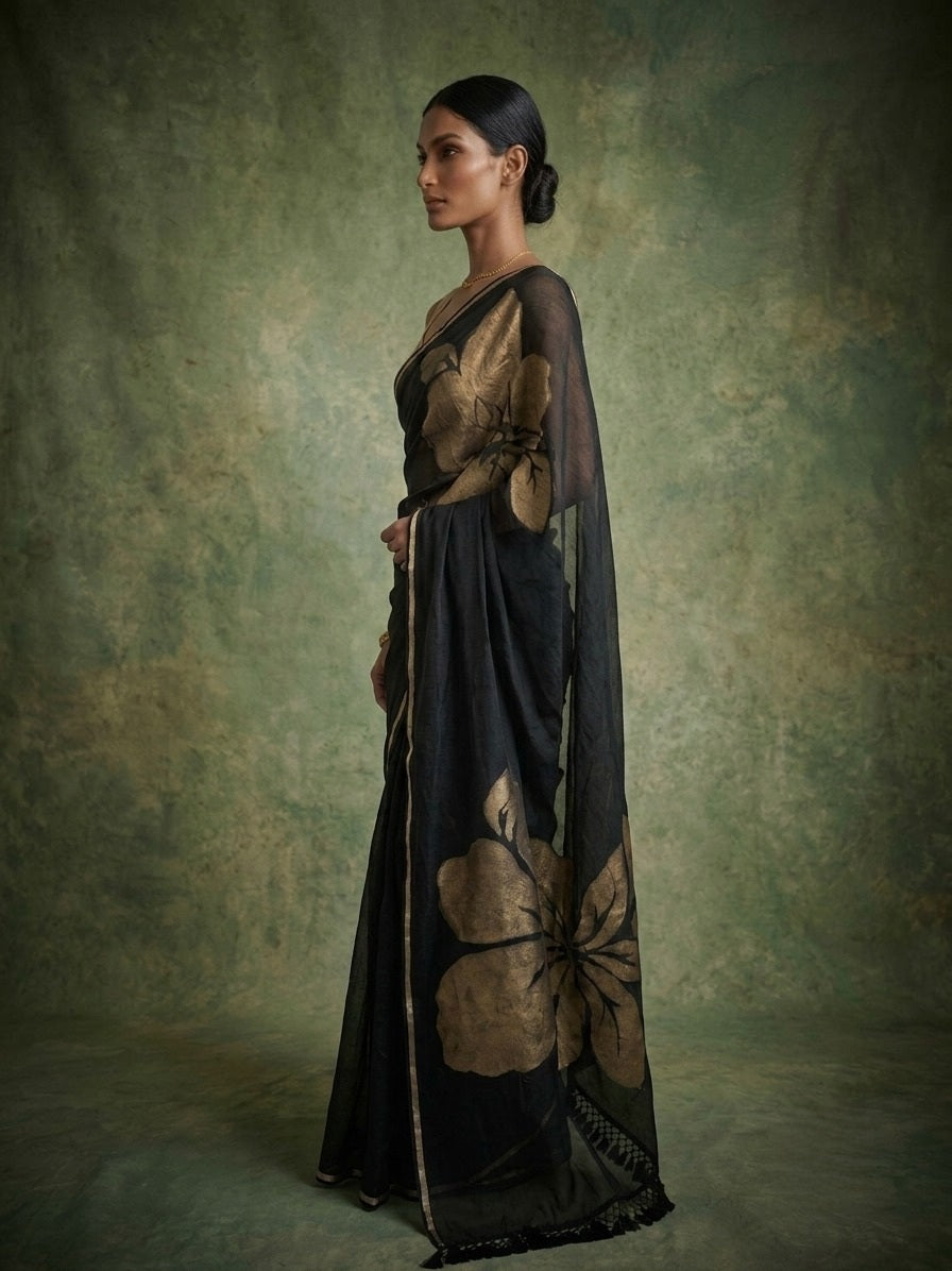Golden flower black mulmul cotton saree