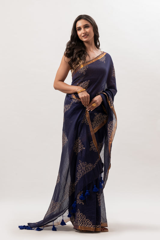 Deep Navy Blue Mul Cotton Saree with Gold Geometric Motifs
