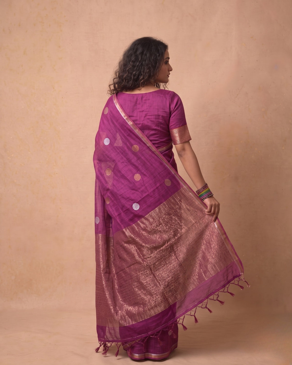 Tissue Tussar Saree in Deep Magenta with Zari Border & Tassels