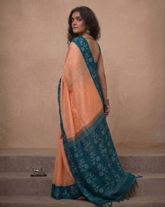 Peach and Teal blue tussar Jamdani saree