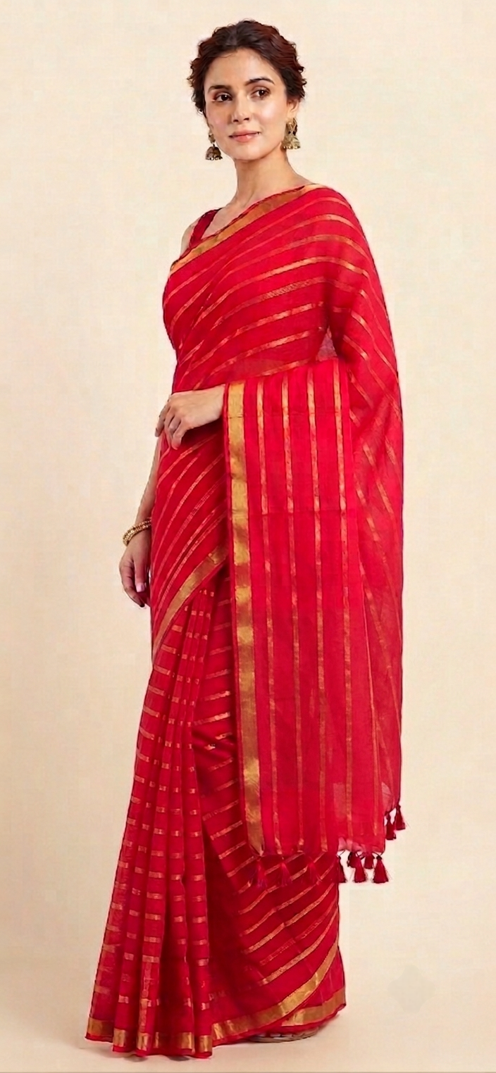 Bright red golden zari border mulmul Cotton Saree