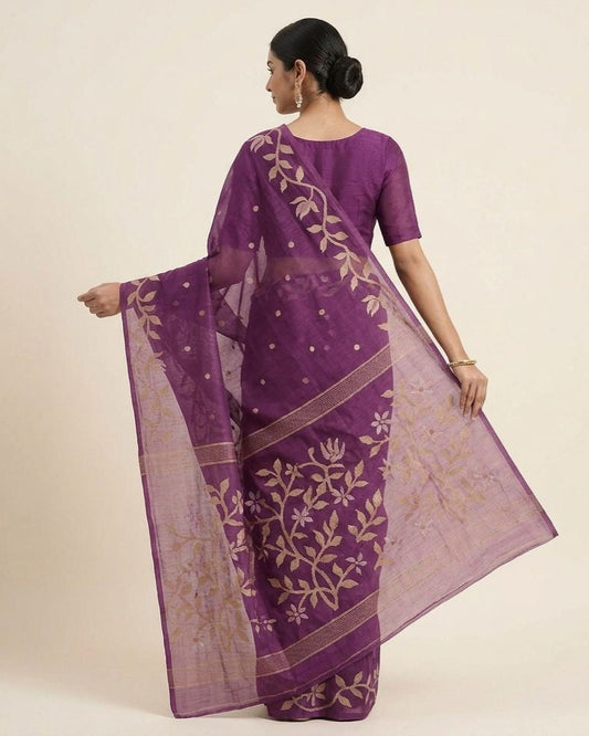 Deep purple handmade jamdani pure Resham Silk