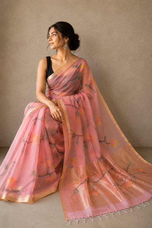 Peach Pink Handspun White Resham Paithani Silk Saree