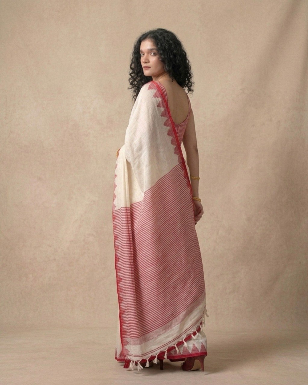 Pure linen red temple border saree