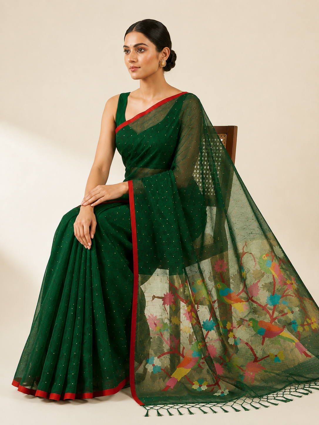 Handspun dark green resham mulberry silk saree