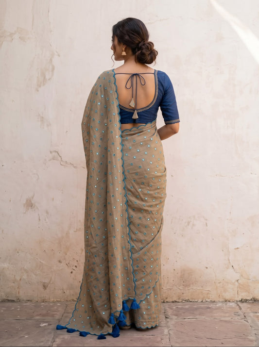 Grey scallop Border Mirror Work Saree
