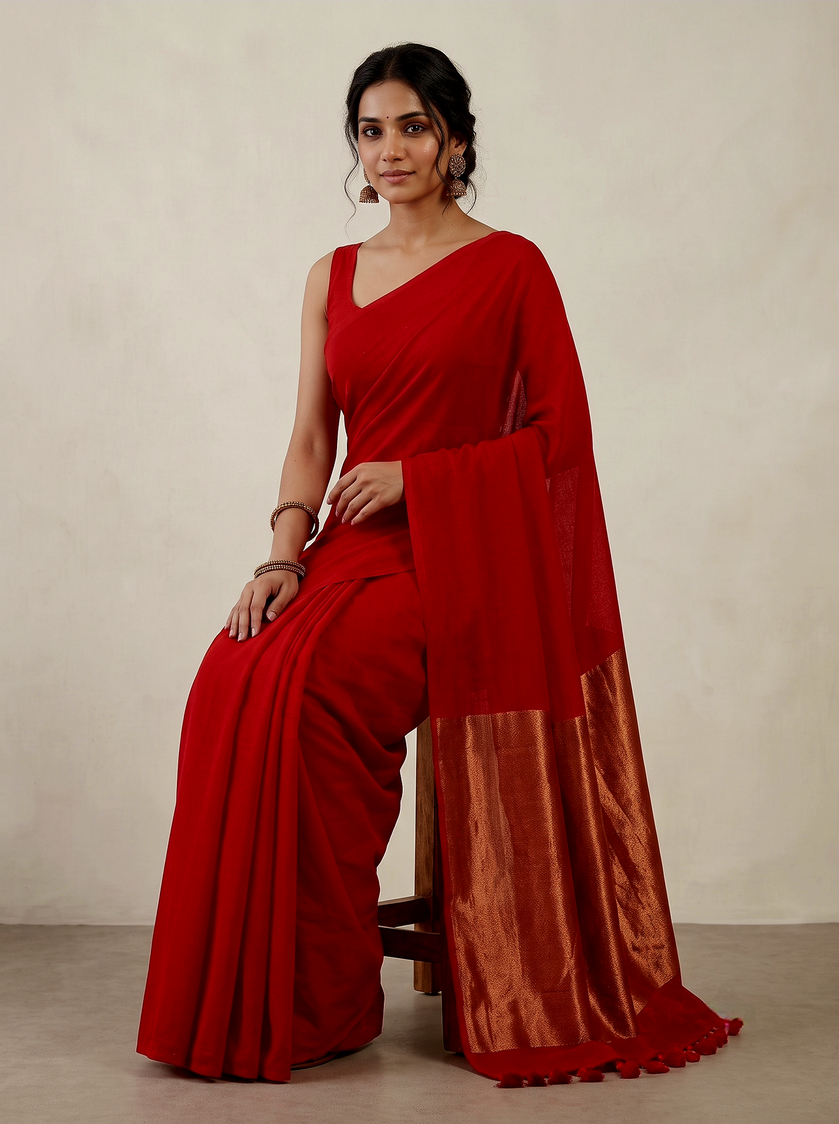 Bright red Mul Modal Saree with Rich Zari Pallu